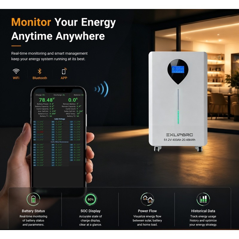 EXLIPORC 20.48kWh 51.2V 400Ah LiFePO4 Home Battery (LVB20WTC) - Upgrade to 25% More Energy