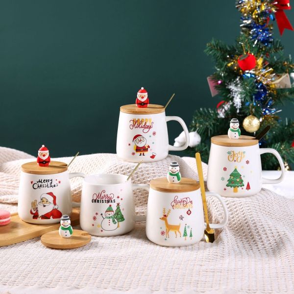 Christmas Gift Ceramic Mugs with Spoon 400ml Reusable Porcelain Coffee Cup Decoration