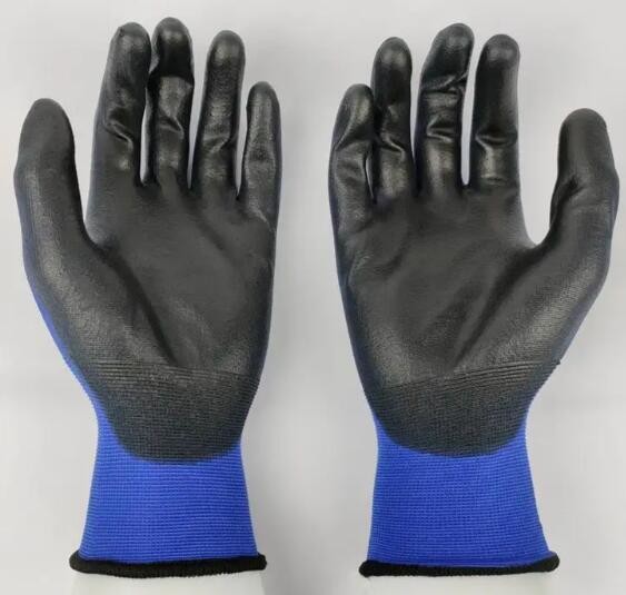 Blue Black PU Coated Gloves 18 Gauge PU Palm Dip Gloves Ultra Thin