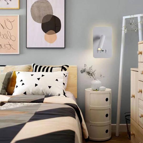 White Dual Switch Embedded Wall Light Usb Socket Led Bedside Lamp 110-240v 3000k