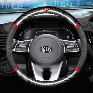 Volante de couro da série Kia preto com topo redondo e fundo plano com fibra de
