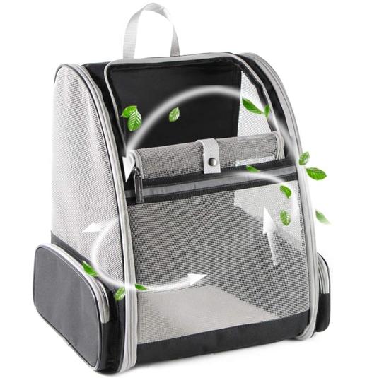 Pet backpack with blinds, suitable for small cats and dogs. It features a ventilation design, a safety strap, a snap support, foldable feature, and is specifically designed for travel, hiking,