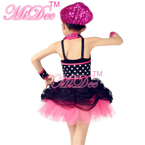 Black Polka Dots Hot Pink Sequin Glitter Dress Dance Costumes For Kids