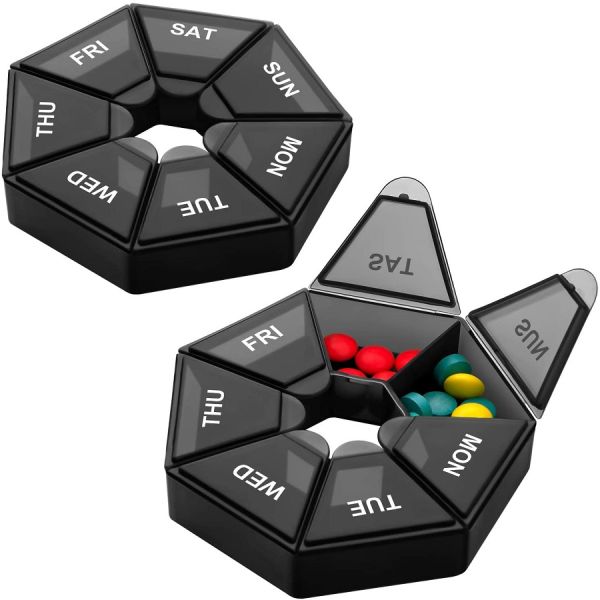 Bolsa de alta calidad Cuadro de organizador de mes Cajas de contenedores Organizadores 7 días Bolso de medicina diferente Caja de píldoras de plástico Negro