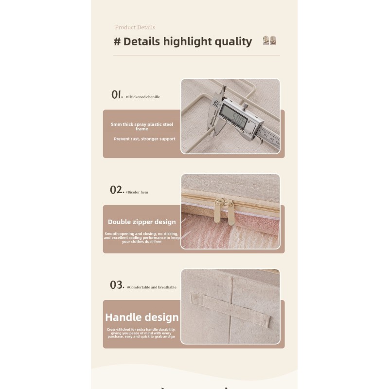 Modern Cotton Linen Clothing Storage Box with Steel Frame Foldable Quilt Down Jacket Organizer Fabric Storage Box