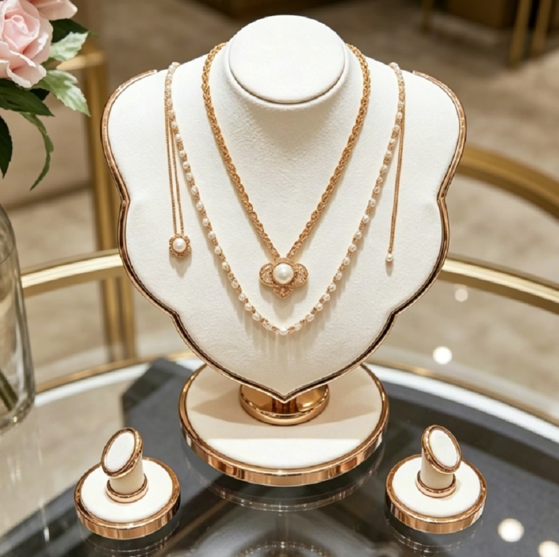 Elegant 360 Rotatable Jewelry Display Stand Rose Gold Velvet Necklace Mannequin Ring Stands Durable High Quality