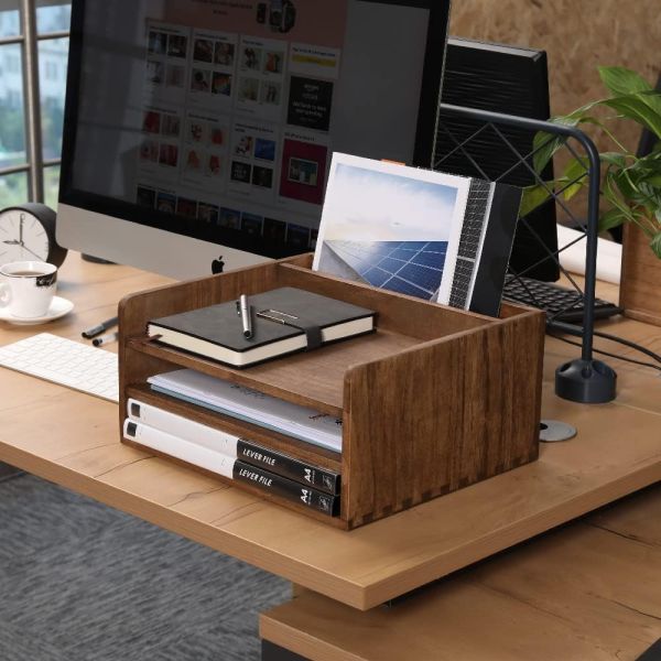 Wooden Desktop File Folder Storage Tray Organizer Stand for Office Document Rack Mail Sorter