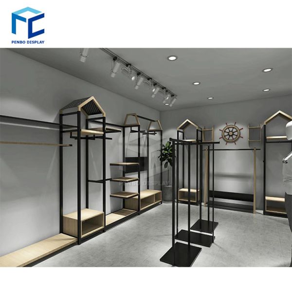 Black Golden Color Wooden Clothes Display Rack For Shop Interior Design
