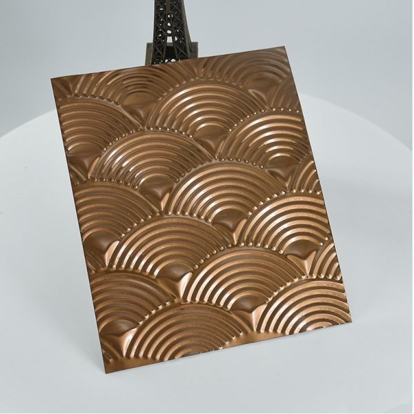 Lámina de acero inoxidable grabada con relieve, textura de vetas de madera para paneles de muebles y decoración