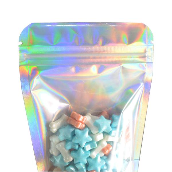 Impressão personalizada Holográfica Stand Up Pouch Mylar Zipper Bags One Side Clear para alimentos