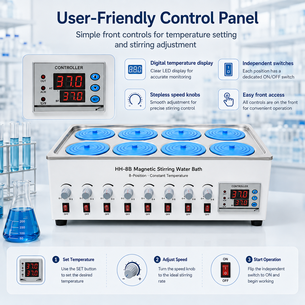 Cenlee OEM 8-Position Magnetic Stirring Water Bath 100°C 1500W for Laboratory Sample Mixing Chemical Research