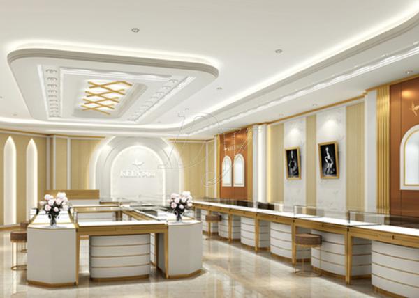 Rectangle Jewelry Showroom Display Cabinets Gold Stainless Steel Wood Material
