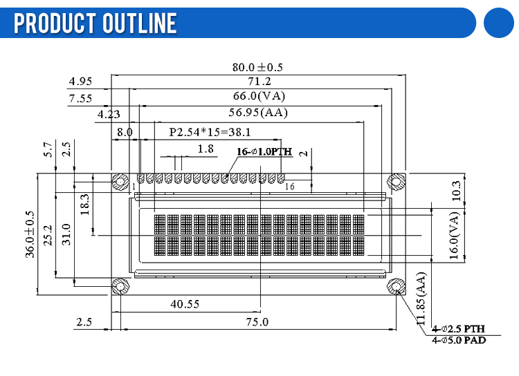 OLED1602A Black Film, 16×2 Character OLED LCD Display Module, WS0010-TX, Parallel Interface, 66x16mm View Size, Working Temperature -40+80 Display