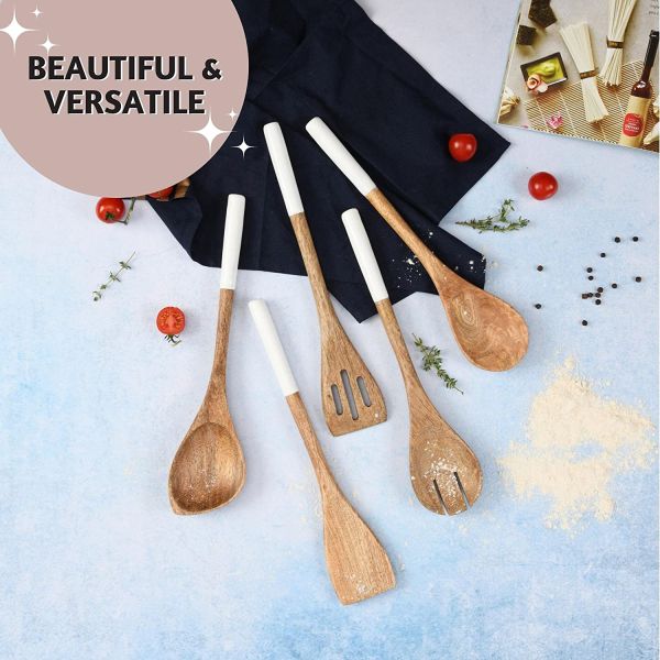 5-Piece Acacia Wood Kitchen Cooking Set Spoon Spatula Fork Slotted Turner Corner Spoon
