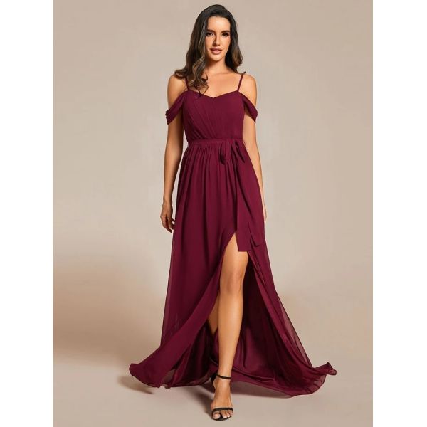 Plus Size A-line Ruffled V-neck Spaghetti Strap High Slit Burgundy Chiffon Party Dress