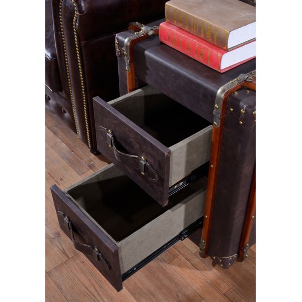 Nidea #8507 Classic Vintage Handmade Leather Trunk Cabinet Portable Storage Bedside Table with 2 Drawers for Living Room Furniture