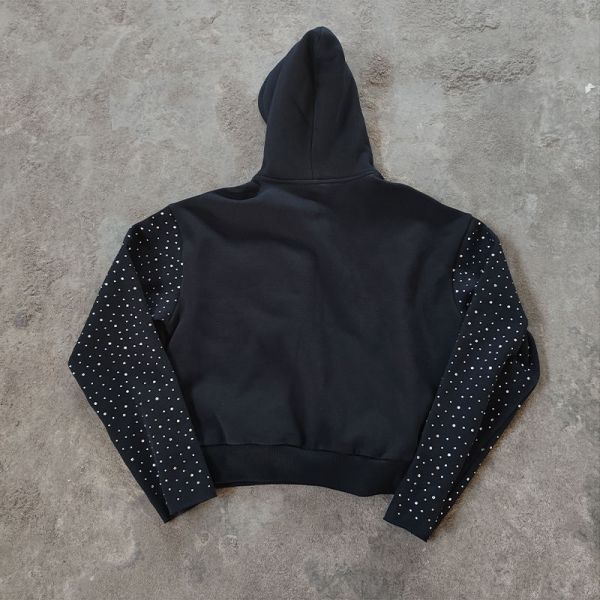 Customization Mens Oversized Cropped Hoodie Rhinestone Zip Hoodie Drawstring Design