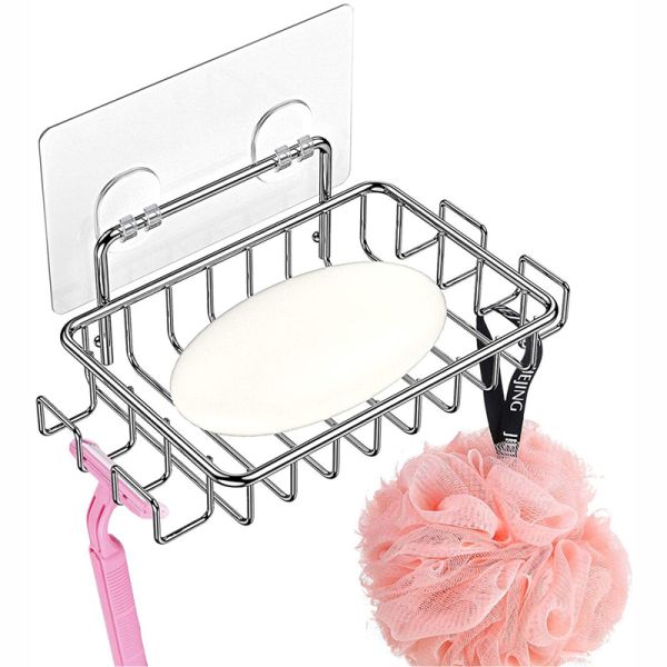No Drilling Stainless Steel Adhesive Soap Dish Soap Holder for Shower Wall with 4 Hooks