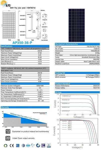 Solar Panel Photovoltaic Module Polycrystalline 72 Cell 36V  Poly 345W 350W,355W,360W,365W,375W,380W  Solar Power