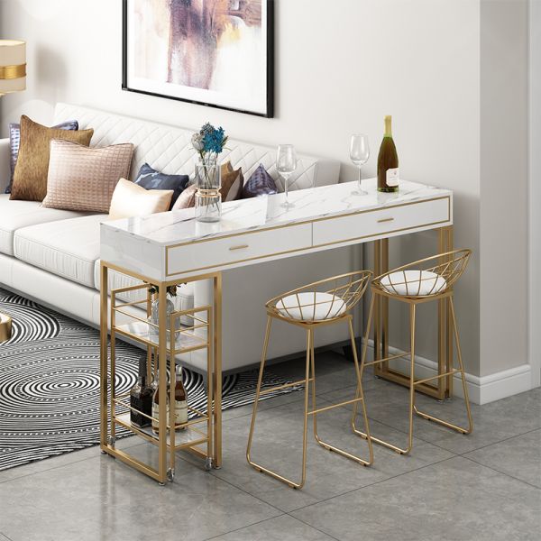 Iron Marble Dining Table Set with 2 Chairs White Marble Surface Gold Powder Coating