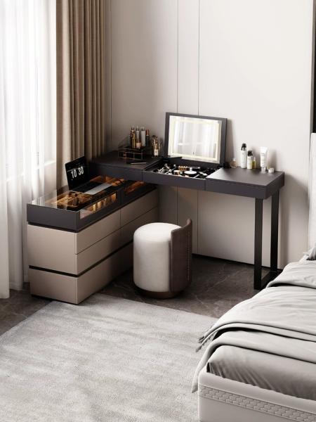 Velvet Upholstered Dark Wood Dressing Table Bedroom Makeup Vanity