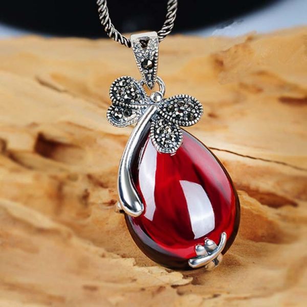 Thail Silver Garnet and Marcasite Pendant Retro Necklace(N11064RED)