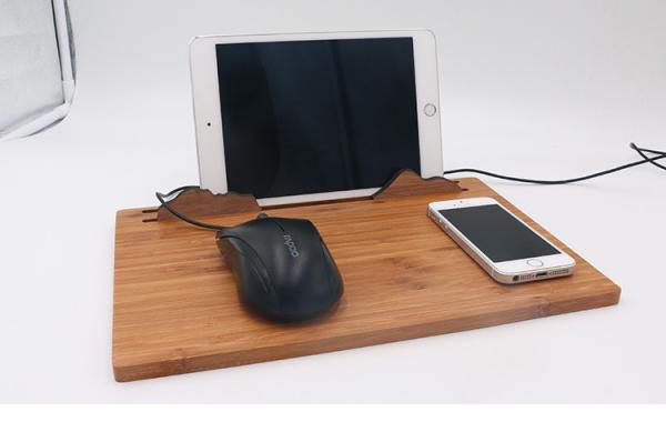 Three in One Qi Bamboo Wireless Charger Mouse Pad iPad Use Wooden Phone Stand