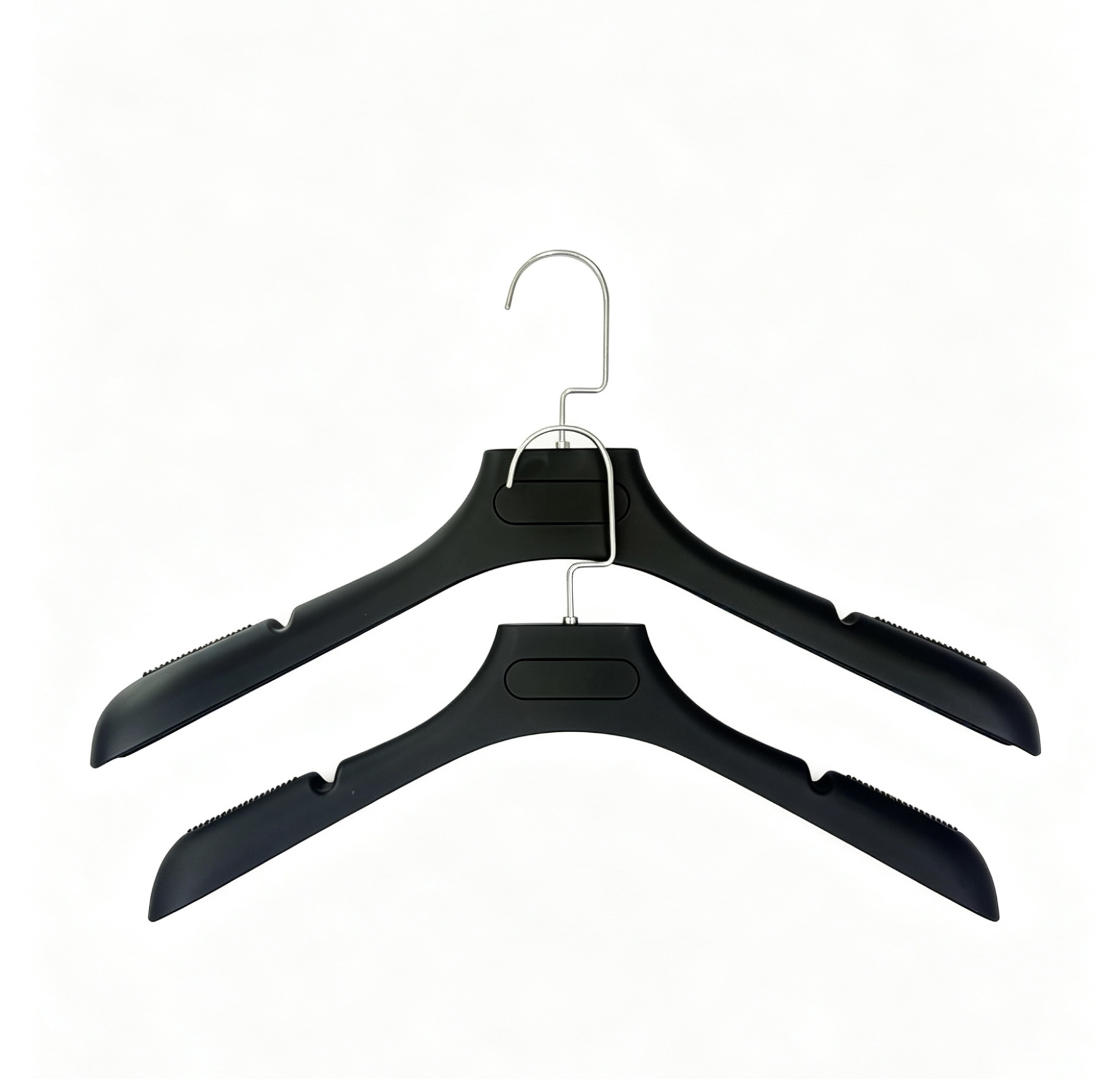 Matte black non-slip ABS material suit hanger for coats and suits with chrome flat hooks
