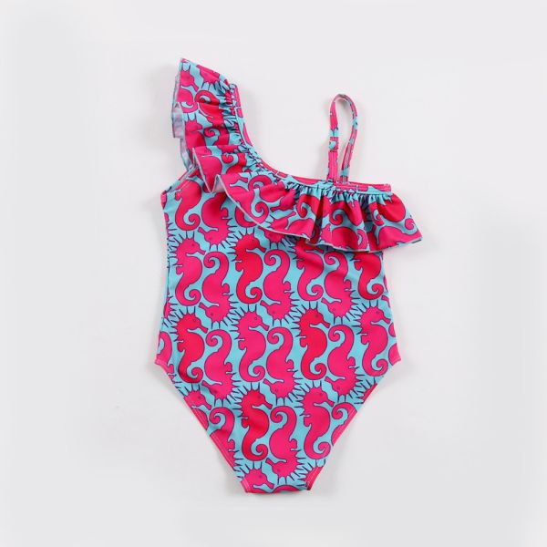Kid's sea horse print one shoulder off swimwear one piece swimsuit
