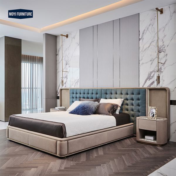 Oak Wood Italian Modern Luxury Style Customizable Velvet Bed King Size Double Soft Bed Hotel Villa Bedroom Furniture