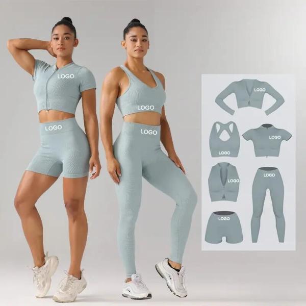 Ribbed Zipper Women Gym Set 6 Piece Seamless Activewear Plain Dyed