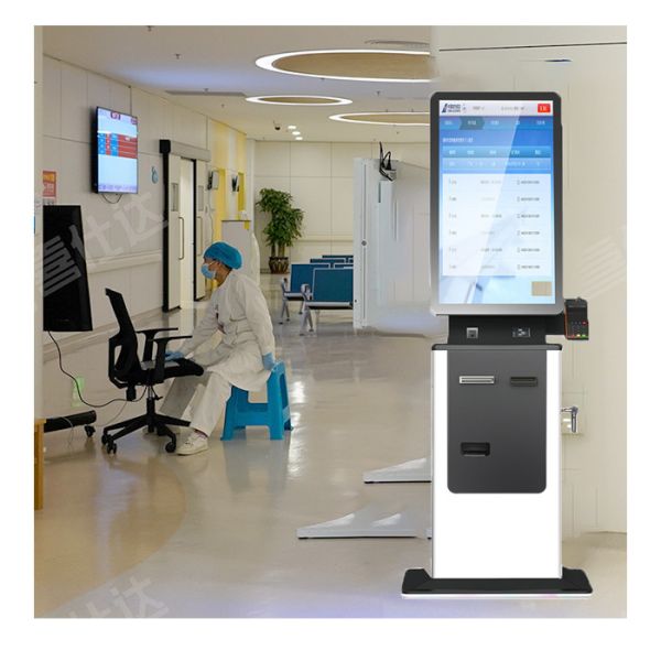 Quiosco de pago de autoservicio del hotel del aeropuerto con validación y cambio de billetes y divisas en efectivo