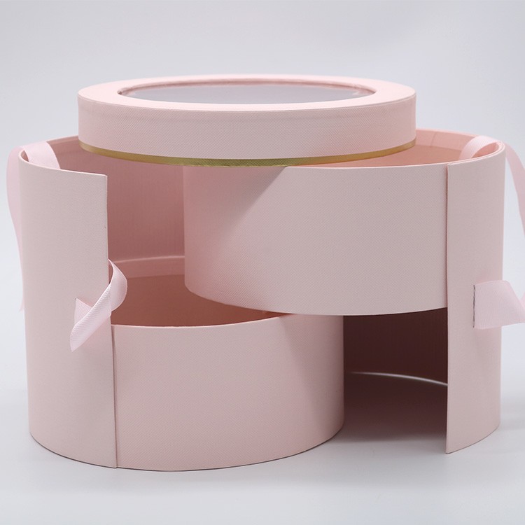 Настраиваемый логотип Розовый цветок упаковка 2 слоя круглый цветочный ящик Картонный бумажный ящик