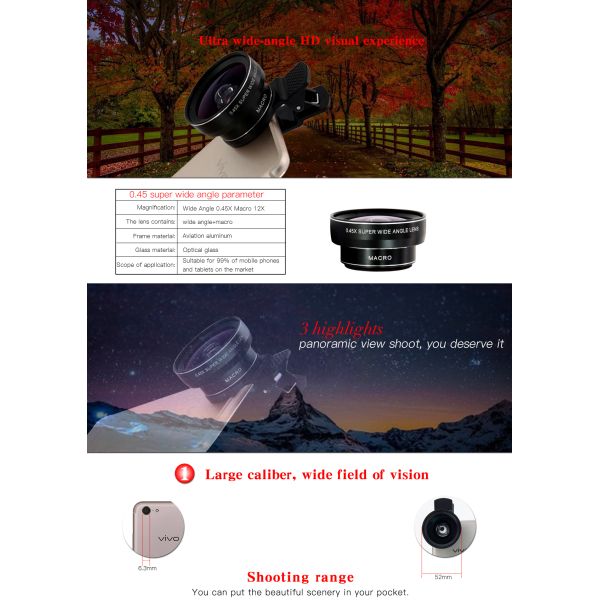 0.45X Wide Angle DSLR Camera Lens , Phone Photography Camera Telephoto Lens