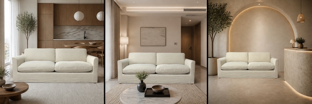 Organic Modern Deep 2-Seater Sofa in Ivory Linen-Look Fabric SF-009