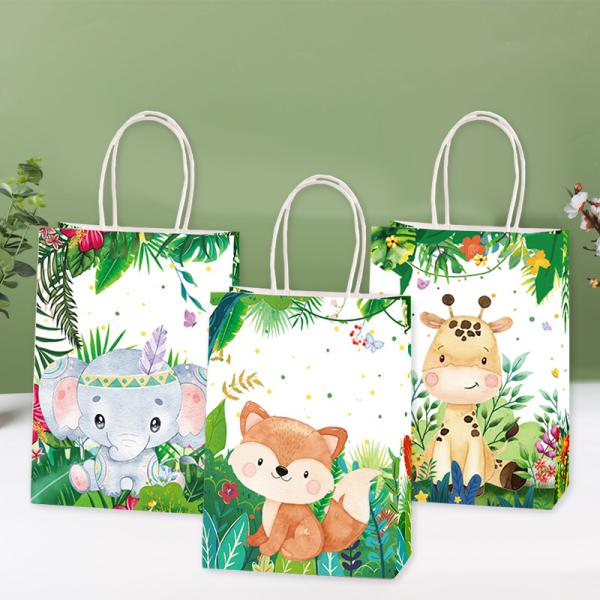 Jungle Style Cartoon Animal Gift Bag Birthday Party Souvenir Kraft Paper Handbag Snack Packaging Bag