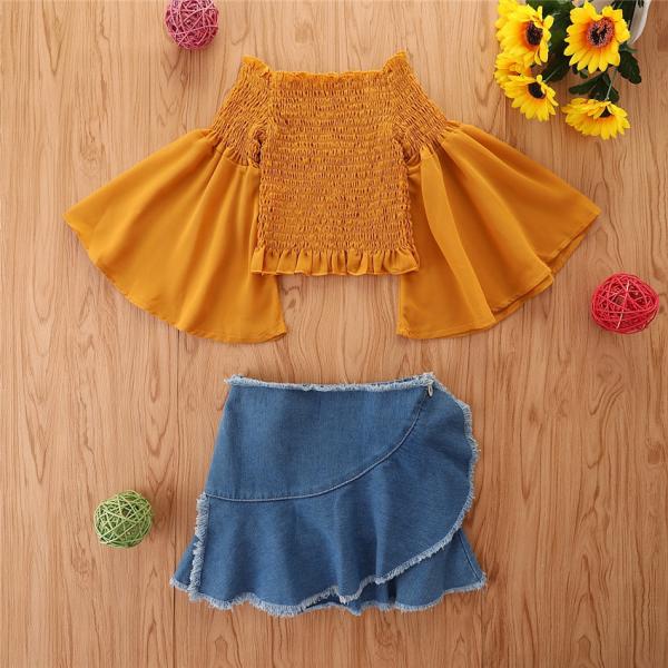 110cm Trumpet Sleeve Shirt Children'S Outfit Sets Denim Skirt With Tassels OEM