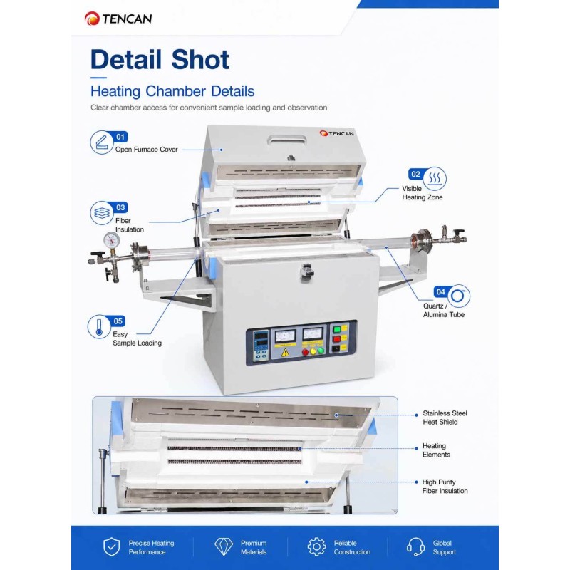 TENCAN 1200C 1400C 1600C Horizontal Vacuum Tube Furnace Split Laboratory Sintering CVD Quartz Alumina Tube Oven