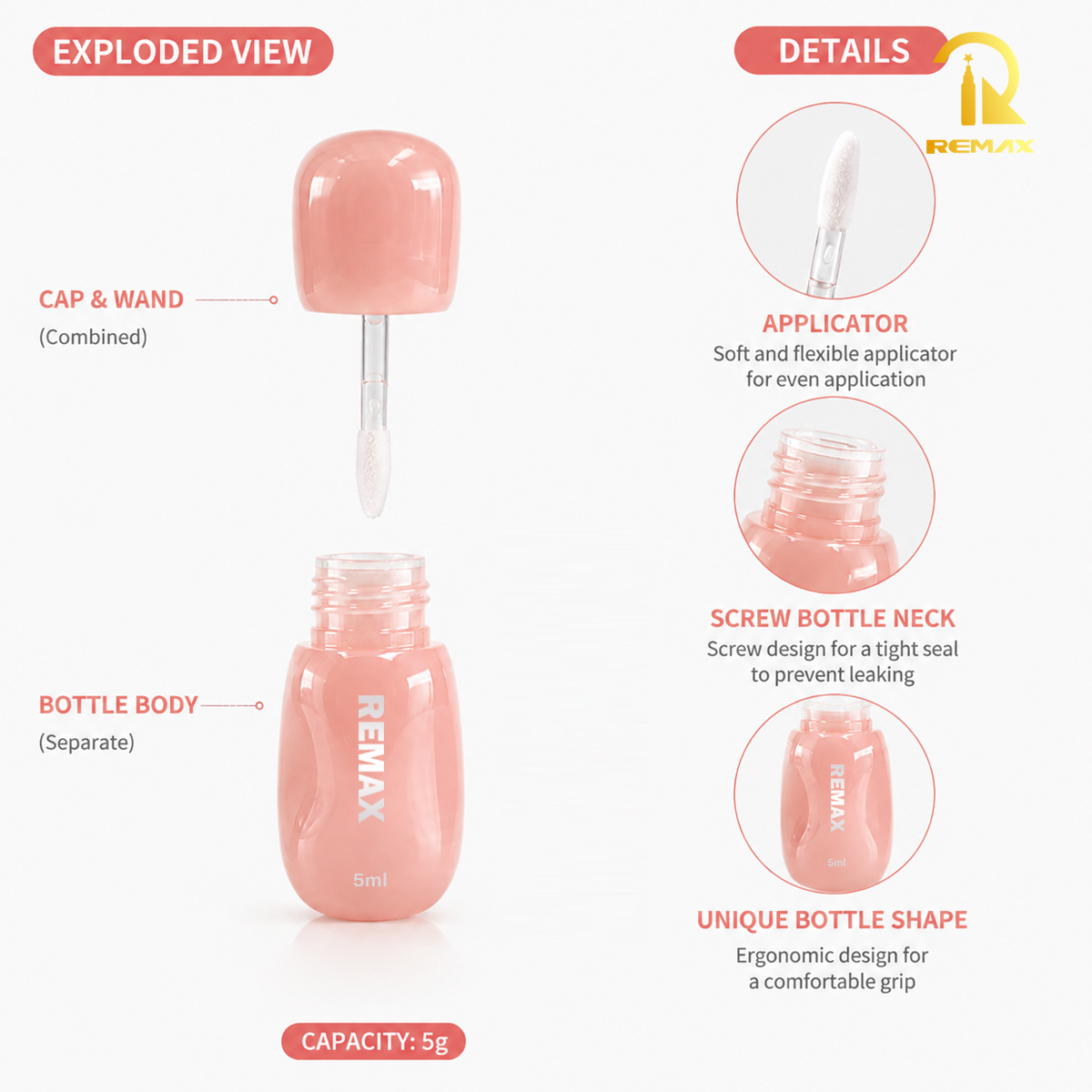 5ml AS Material Lip Gloss Bottle with Applicator Brush Custom Lipstick Container