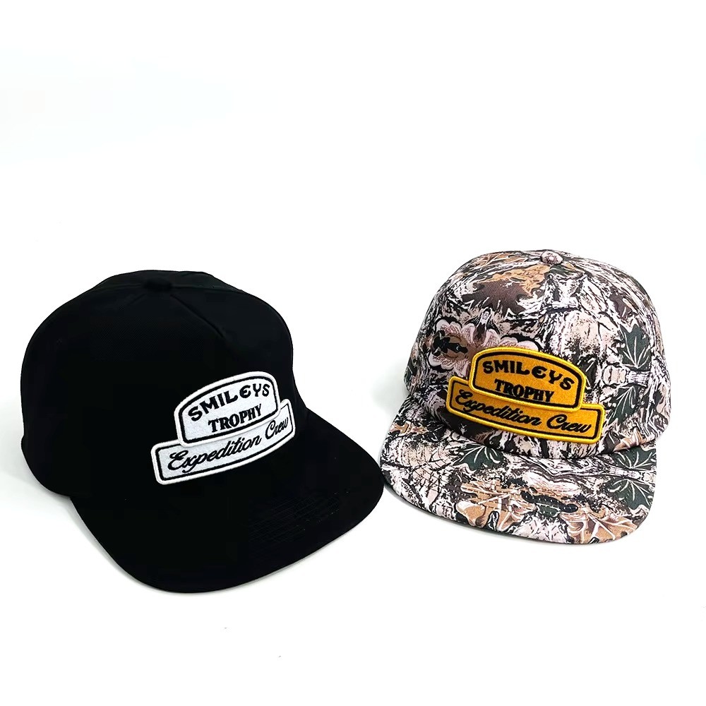 Unstructured Camouflage Snapback Hat Custom Embroidery Patch Camo 5 Panel Adjustable Cap