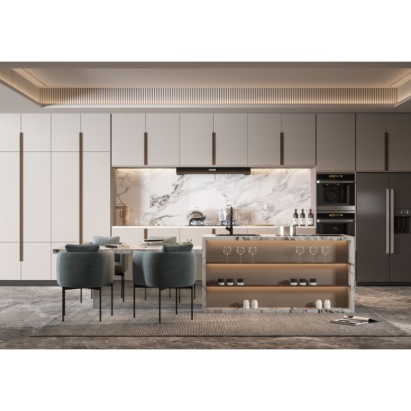 Matte Lacquer Finish Brown L&U Shape Wooden Furniture Of Kitchen Cupboard