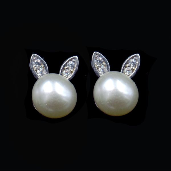 Rabbit Shaped 925 Silver Pearl Earrings With Natural Pearl And Zircon