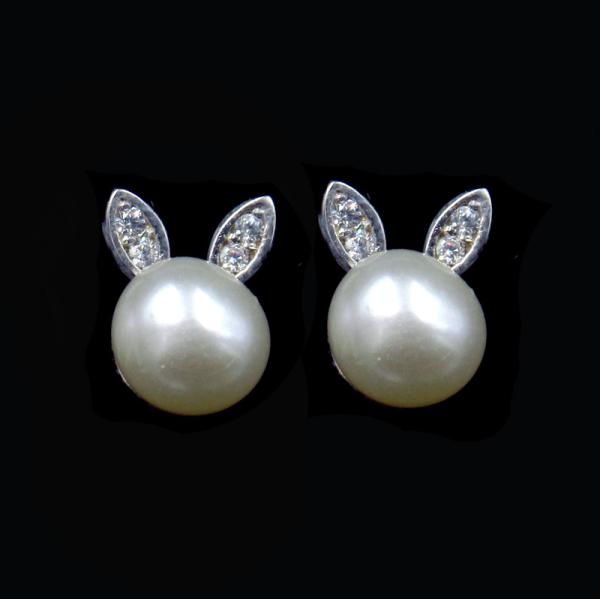 Rabbit Shaped 925 Silver Pearl Earrings With Natural Pearl And Zircon