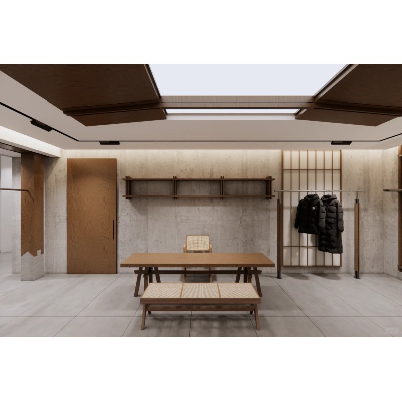 Wabi-Sabi Timber Texture Clothing Store Display Fixture Set with Multi-Zone Functional Partition and Detachable Modular Fixture