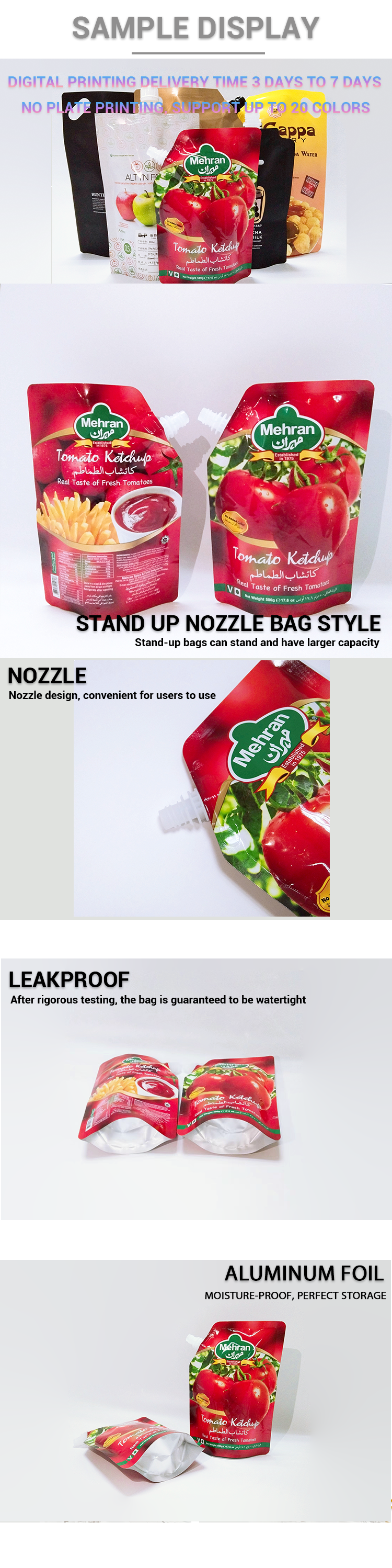 Custom Aluminum Stand up Spout Pouch 500ml Tomato Sauces Ketchup Packaging Bags Reusable Plastic Beverage Bags with Nozzle