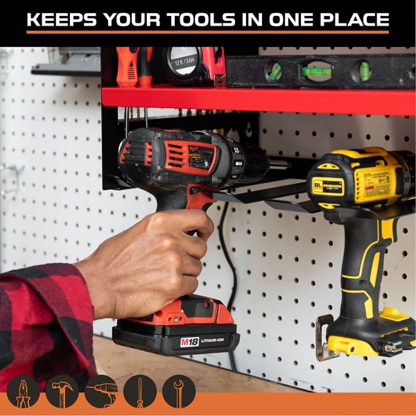 Organizador de herramientas eléctricas de pegboard de forma de logotipo con 5 ranuras de perforación y porta destornillador