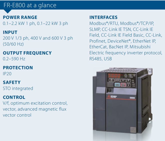 Инвертор FR-E800 Mitsubishi Electric 1 участок 50Hz 0.75kW 240V E820S-0050-4-60
