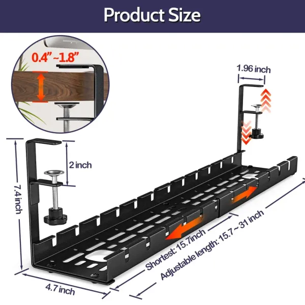 No Drilling Under Desk Extendable Desk Cable Organizer with Clamp for Home Office