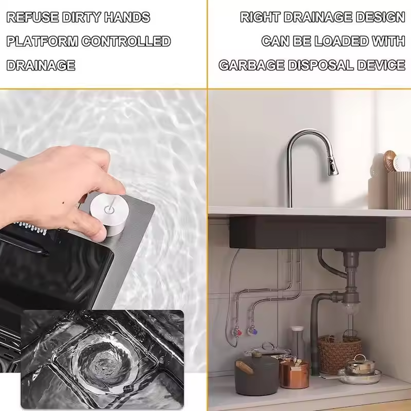 Smart Digital Display Stainless Steel Pull Out Waterfall Faucet for Grey Square Bowl Shape Sink