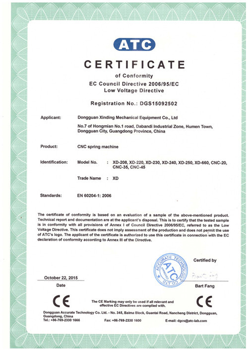 Dongguan Xinding Mechanical Equipment Co.,Ltd Сертификации